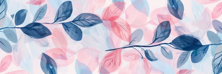 Wall Mural - Blue and pink leaves are depicted in a watercolor painting on a white background