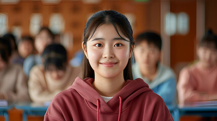 Happy Asian girl student with dark hair in maroon hoodie sitting in a university lecture hall, participating actively in her higher education journey.