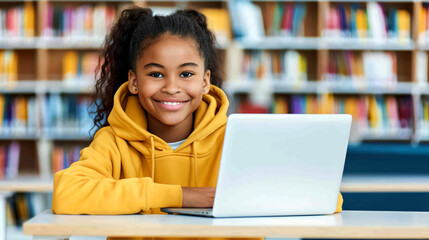 Smiling little African American girl with curly hair in yellow hoodie sitting with laptop in school library. Scholl, education concept.