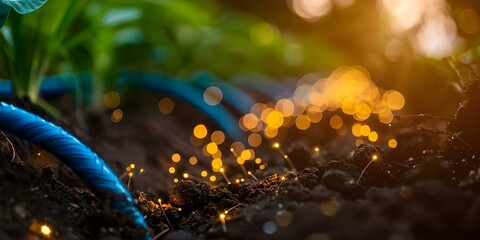 Wall Mural - Close-up of fiber optic cables in soil with natural lighting A detailed view. Concept Fiber Optic Cables, Soil Landscape, Natural Lighting, Close-up Photography