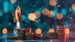 © Digital Dreamscapes - A small rocket launching from stacks of coins, symbolizing financial growth and investment. Abstract bokeh background with blue and orange lights.