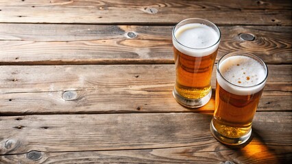 Poster - Glasses of beer on rustic wooden table, beer, glasses, wooden, table, rustic, alcohol, beverage, pub, drink, bar, brewery, refreshment