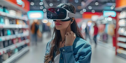 Poster - Woman exploring virtual showroom with VR goggles for immersive e commerce shopping experience