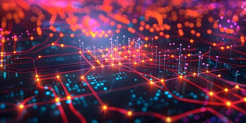 Poster - Vibrant Digital Network Diagram with Interconnected Nodes and Data Streams High Tech and Complex Technology Networking Concept