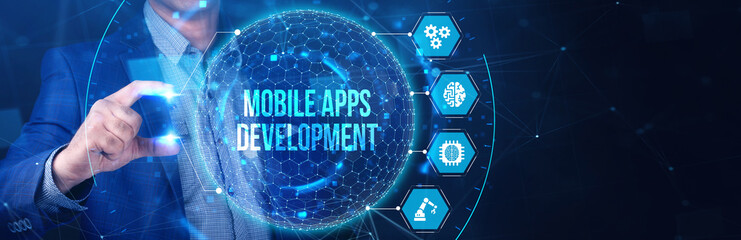 Inscription MOBILE APPS DEVELOPMENT on the virtual display. Cloud technology concept.