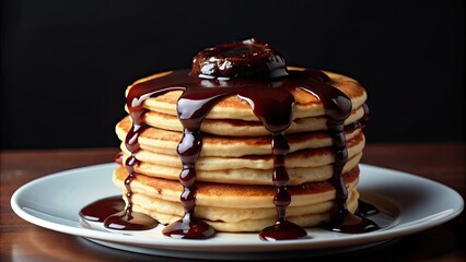 Canvas Print - Delicious fluffy pancakes topped with rich chocolate sauce , breakfast, dessert, stack, homemade, sweet, indulgent, syrup