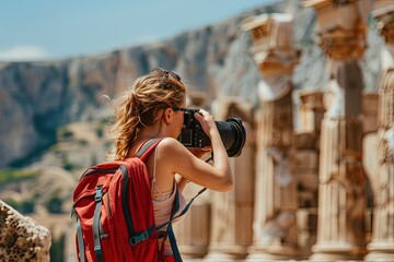 Wall Mural - a woman taking a picture with a camera