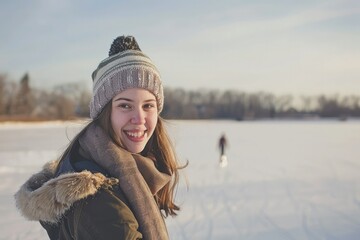 Canvas Print - a woman is standing in the snow wearing a hat and scarf