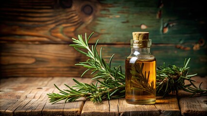 Canvas Print - Bottle of rosemary oil on wooden table with rustic background , rosemary oil, bottle, rustic, natural, organic, aroma