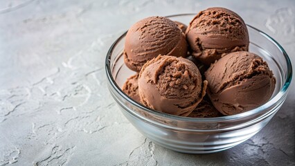 Canvas Print - Chocolate ice cream balls in a small glass bowl , dessert, sweet, treat, indulgence, creamy, delicious, scoop, frozen