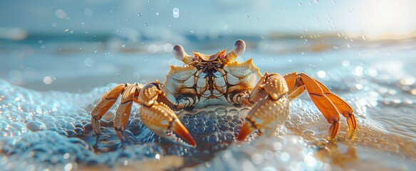 A small crab sunbathes on the seashore, its curious eyes attentively looking at the camera, offering a close-up insight into the wild nature of sea life.