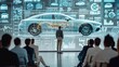 © Dmitry - A large screen at an auto-tech conference shines with visualizations, presenting design schematics and model car dimensions, captivating the audience.