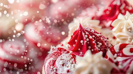 Wall Mural - Festively decorated red and white cupcakes with sprinkles frosting close-up