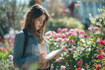 Wall Mural - a woman standing in a garden holding a book