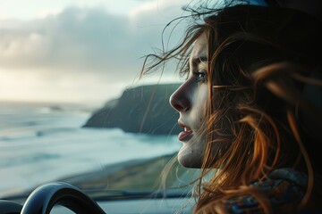 Wall Mural - a woman driving a car next to the ocean