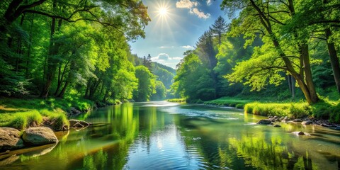 Sticker - A serene river flowing through a lush green forest on a sunny day, River, greenery, forest, sunlight, nature, peaceful