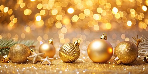 Poster - Gold light bokeh background with Christmas decorations, gold, light, bokeh, Christmas, background, decoration, festive