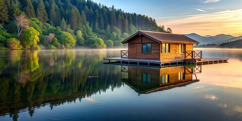 Canvas Print - Lonely raft house floating on tranquil lake waters, solitude, remote, peaceful, serene, isolated, scenic, calm, tranquil