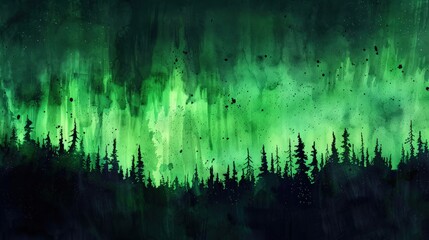 Wall Mural - An abstract watercolor of a green northern lights display over a dark forest silhouette, with the lights dancing in vibrant shades of green across the canvas.