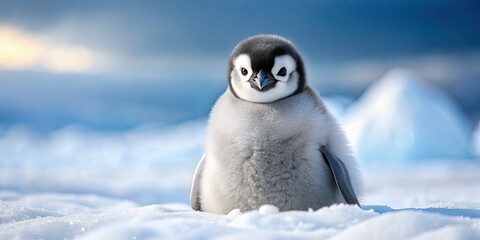 Sticker - Adorable penguin puppy posing on a snowy landscape , penguin, puppy, cute, animal, winter, baby, snow, fluffy, black and white, cold