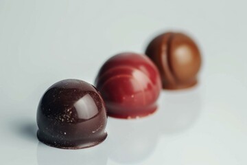 Canvas Print - Three round chocolate candies are sitting in a row on a white background