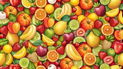 Sticker - Seamless pattern with various colorful fruits including apples, oranges, bananas, and strawberries, fruits, seamless