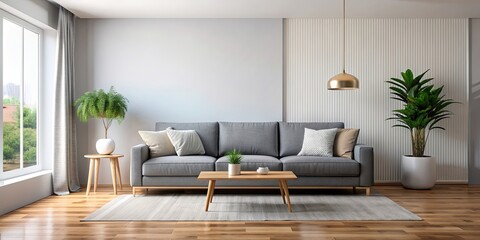 Wall Mural - Clean living room with modern grey sofa, clean, living room, grey, sofa, furniture, interior, design, minimalist