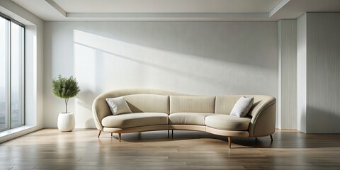 Poster - Minimal interior with super curvy sofa in clean main room, minimalist, interior design, furniture, sofa, curvy, modern