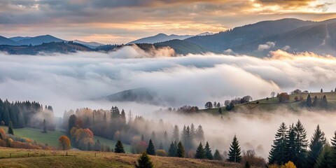 Poster - Mysterious fog and clouds floating over the majestic Carpathian mountains, mist, atmospheric, weather, nature