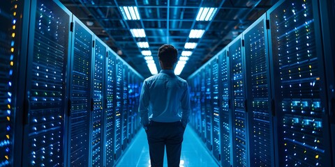 Aufkleber - it professional managing servers in data center with blue led lighting
