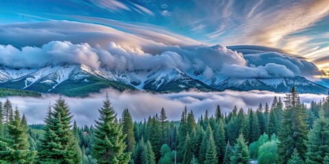 Sticker - Spectacular ornate clouds hovering over snowy highlands with a backdrop of lush coniferous forest , clouds, snowy