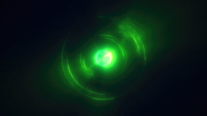 Wall Mural - Abstract green bright glowing background with a sphere core atom energy burning ball circle made of waves of energy rays and plasma with light