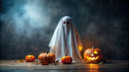 Wall Mural - Halloween ghost in a dark room with glowing pumpkins, scary, black, ghost, Halloween, dark, room, creepy, macabre, poster