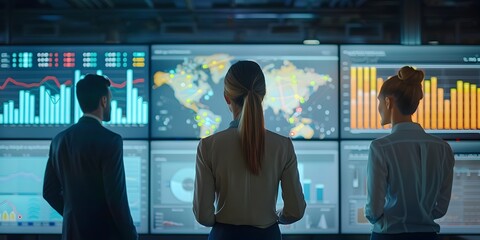 Poster - Business Executives Reviewing Digital Performance Metrics in Corporate Technology Networking Environment