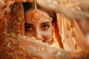 A young smiling bride wearing traditional Indian bridal costumes and jewellery on her wedding