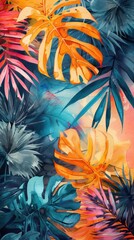 Poster - Artistic wallpaper design featuring watercolor jungle leaves and monstera in vibrant and abstract patterns