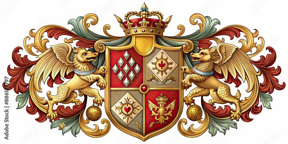 Heraldic coat of arms featuring intricate designs and symbols ...