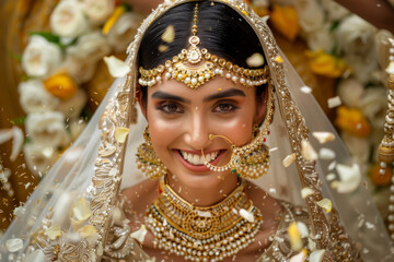 Wall Mural - A young smiling bride wearing traditional Indian bridal costumes and jewellery on her wedding