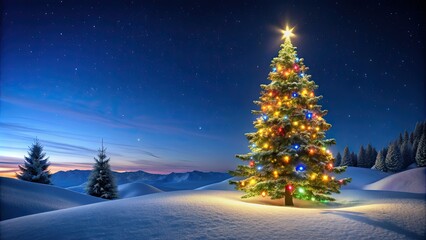 Poster - Christmas tree illuminated with lights on snowy hills under clear night sky, Christmas, tree, lights, snowy, hills