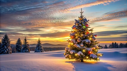 Canvas Print - Christmas tree adorned with lights and ribbon standing in a snowy landscape at sunset, Christmas, tree, lights, ribbon