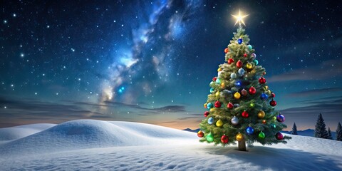 Sticker - Christmas tree with colorful ornaments on snow-covered hills under starry night sky, festive, holiday, winter