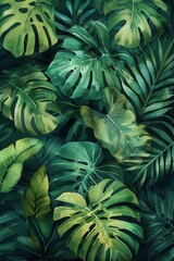 Poster - Exotic watercolor background featuring a blend of jungle leaves and monstera in abstract patterns, perfect for a tropical floral wallpaper