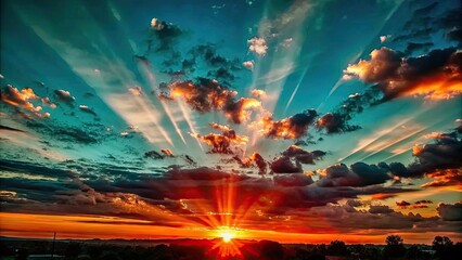 Canvas Print - Dramatic sunset with colorful clouds and sun rays bursting through, creating a fiery sky, fire, sky, sunset, clouds, sun rays