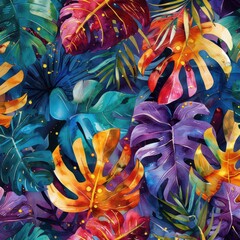 Poster - Exotic watercolor leaves with jungle and monstera motifs in abstract patterns, perfect for a lively wallpaper texture
