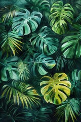 Poster - Lush watercolor background of jungle and monstera leaves in abstract patterns, perfect for a tropical botanical wallpaper