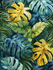 Poster - Watercolor design of tropical leaves in abstract form, featuring monstera and jungle foliage for an exotic wallpaper texture