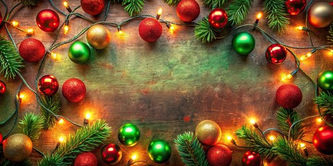 Canvas Print - Christmas background with red and green decorations, lights, and a festive atmosphere, Christmas, holiday, background