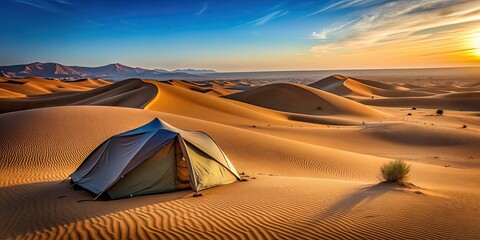 Wall Mural - Tent in the vast desert landscape with sand dunes , remote, adventure, arid, camping, isolation, wilderness, journey, hot, expanse