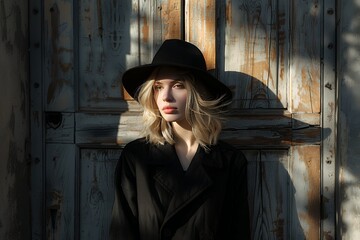 Poster - A blonde woman in black stands against the background of an old wooden door, the sun's rays fall on her face, the wind blows her hair and hat. Minimalism, fashion photography, high detail, photorealis