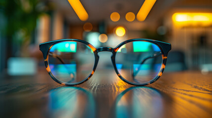 Close-up of glasses on a desktop with blurred background